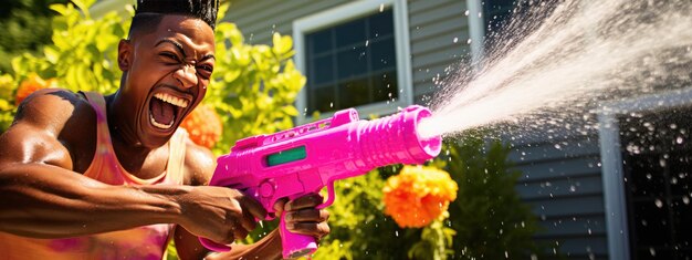 Foto man speelt met een waterpistool in zijn voortuin op een warme zomermiddag