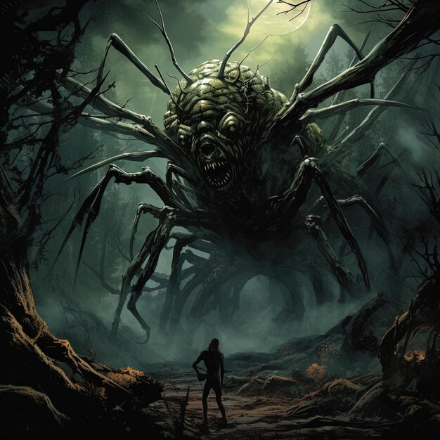 Photo a man and a spider are in a dark forest