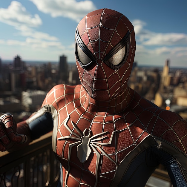 Photo a man in a spiderman suit stands on a balcony overlooking a city