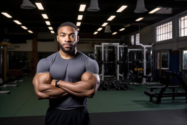 Man in sports clothes with an empty gym behind him created with generative ai