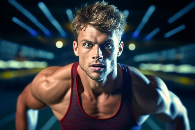 A man in a sportswear with a red tank top and blue eyes is looking at the camera.