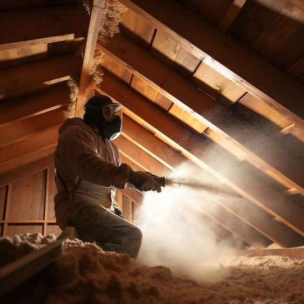 Photo man spraying foam insulation to insulate attic