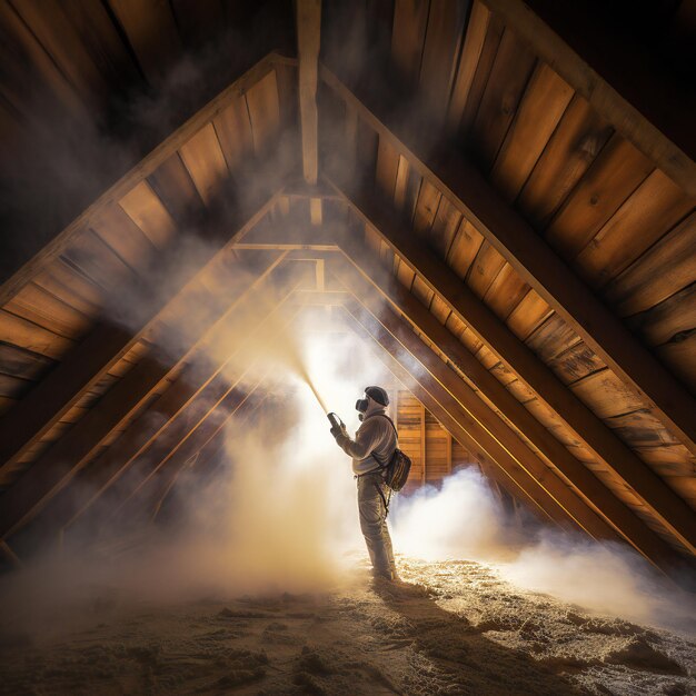 Photo man spraying foam insulation to insulate attic