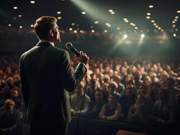 Man spreekt door de microfoon in de conferentiezaal Achtergrond bedrijfsopleidingsforum Generatieve ai