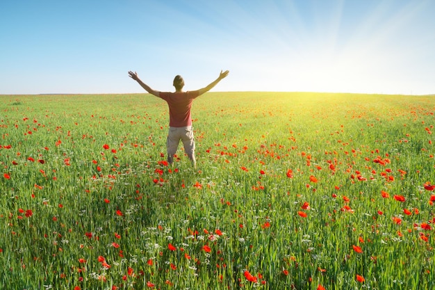 Man in spring meadow of poppy