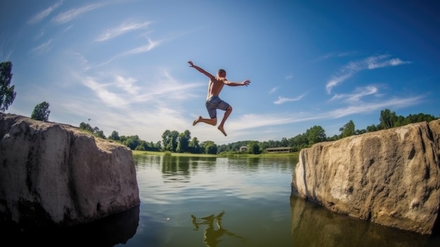 Foto man springt in het zwembad.