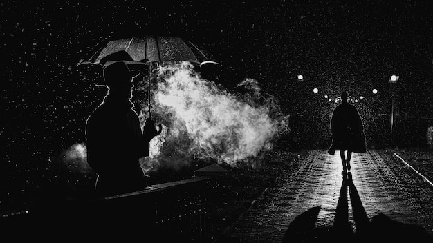 Man spy agent detective in raincoat and hat in night city with rain in style of film noir