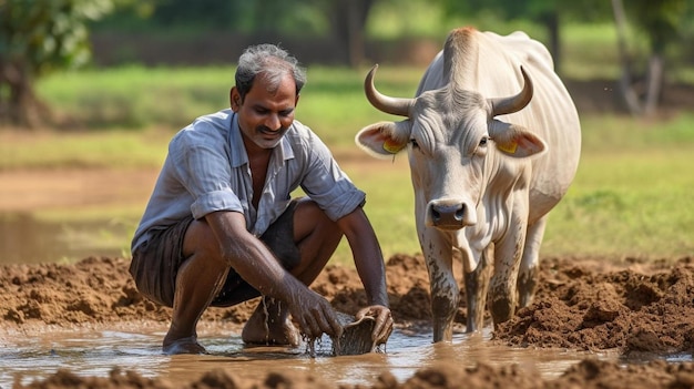 a man squatting in the mud next to a cow