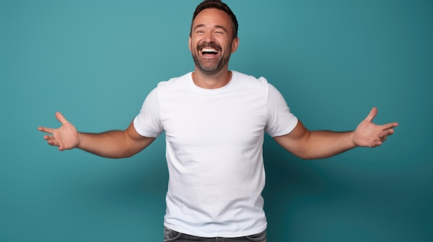 Man staande voor de camera in wit T-shirt geïsoleerd op blauwe achtergrond