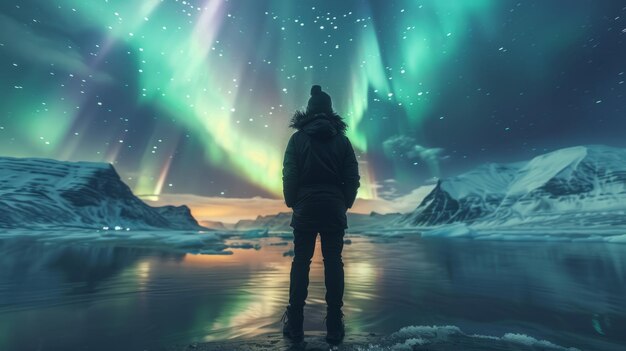 Foto man staat alleen voor de aurora borealis in ijsland