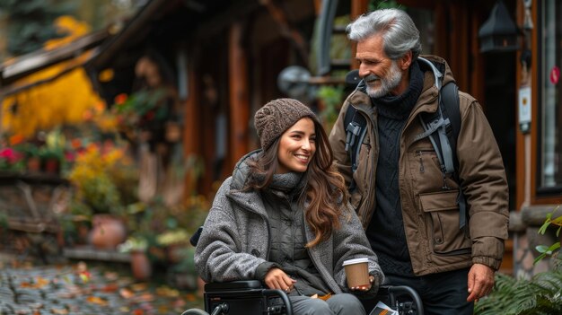 Man staat naast de vrouw in rolstoel met koffie.