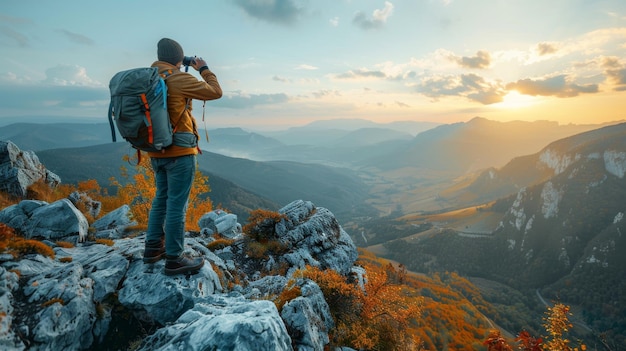 Man staat op de top van de berg en maakt foto's