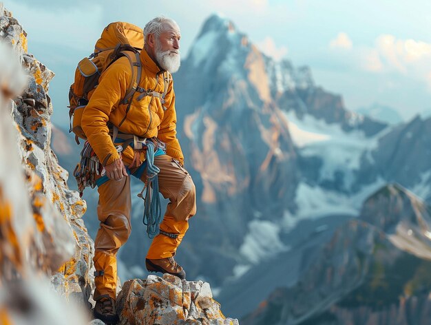 Foto man staat op de top van de berg met rugzak generatieve ai