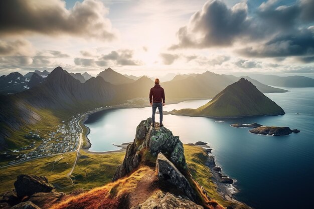 Foto man staat op de top van een berg en geniet van het uitzicht