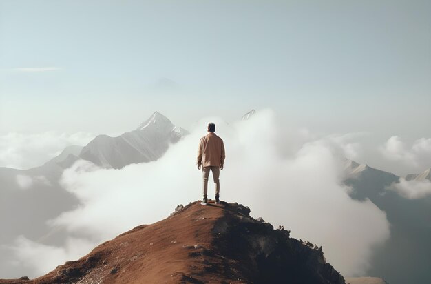 man staat op de top van een berg met uitzicht op de berg