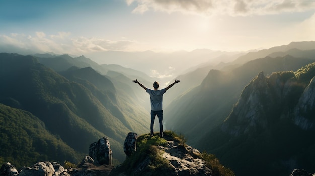 Foto man staat op de top van een berg met zijn armen naar buiten