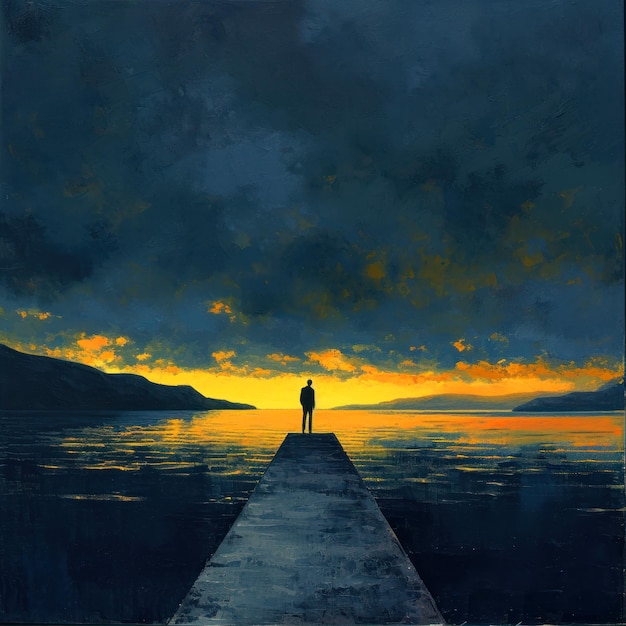 Foto man staat op een brug over de zee bij zonsondergang conceptuele illustratie