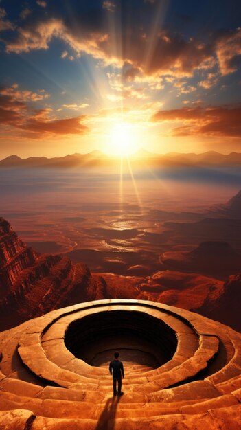 Foto man staat op een cirkelvormig platform in de woestijn bij zonsondergang ai
