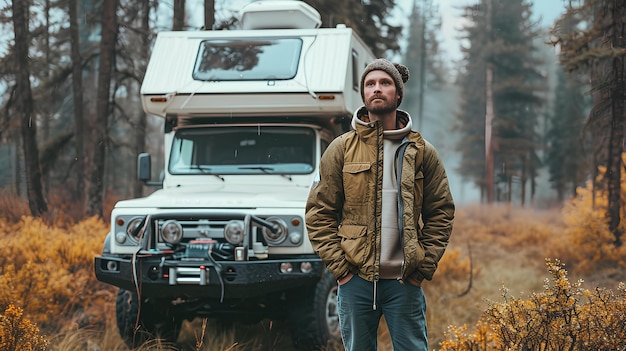 Man staat voor een camper in een bos.