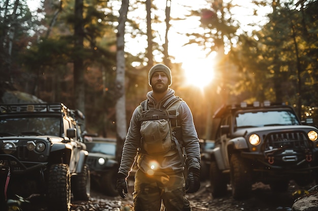 man staat voor een offroad voertuig in de bos avontuur achtergrond