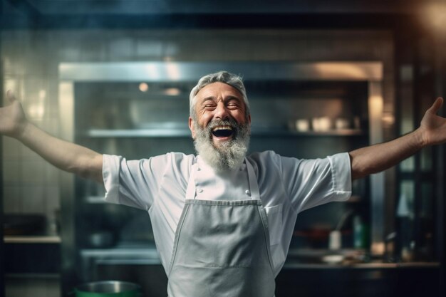 Man staff restaurant apron caucasian chef service kitchen standing portrait food Generative AI
