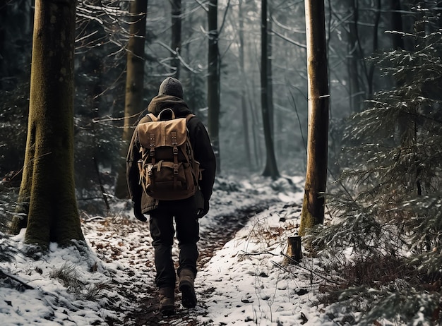 man stand in a middle of fores winter vibes winter adventure