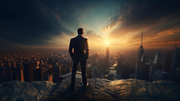 man stand on penthouse watching sunset on evening sky on city romantic