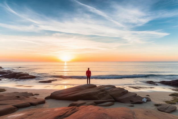 Man standing alone at the beach during sunset