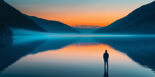 Foto uomo in piedi da solo in un bellissimo lago durante il tramonto