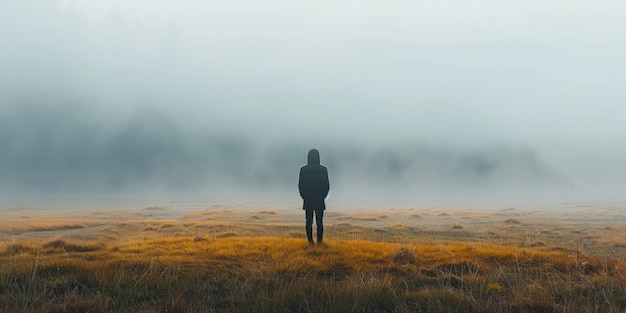 Photo man standing alone in a foggy field