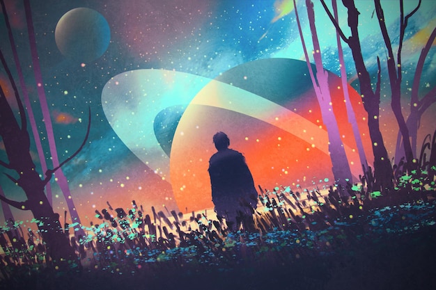 man standing alone in forest with fictional planets background,illustration