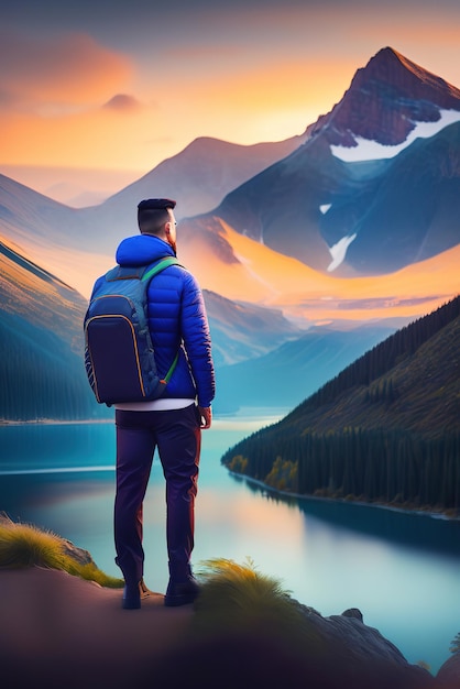 Man standing alone and looking at a mountain rear view generated Ai