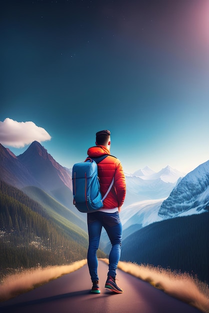 Man standing alone and looking at a mountain rear view generated ai