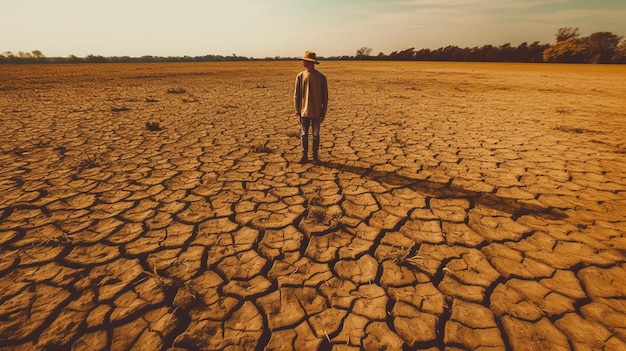 A man standing alone in the middle of a dry and cracked earthgenerative ai