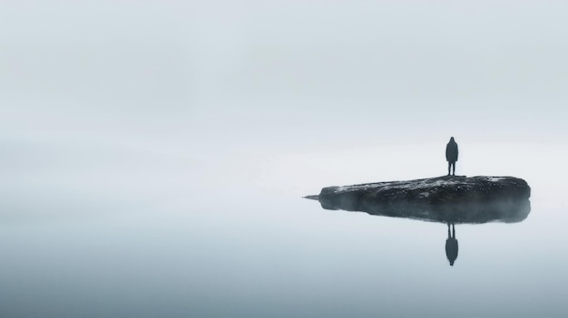 Фото Человек, стоящий один на скале посреди туманного озера.