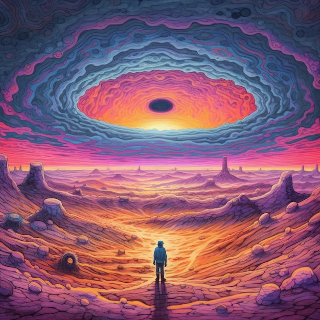 Man standing around a huge black hole in a desert