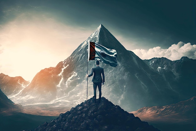 写真 ビジネス目標を達成しようとしている旗を持って山のふもとに立っている男性