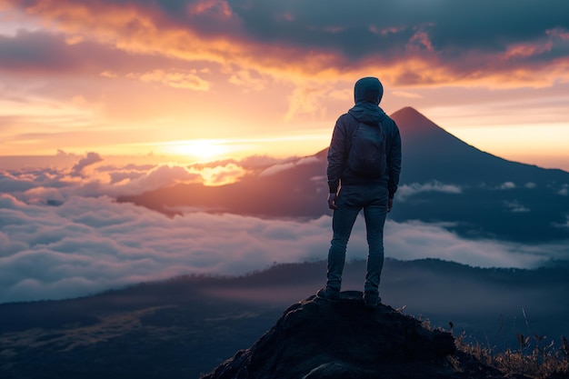 Man Standing Atop Mountain Gazing at Sunset