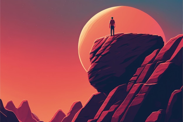 Man standing atop a mountain viewing another planet in the distance Fantasy concept Illustration painting Generative AI