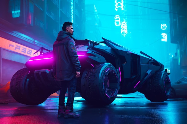 Man standing next to batmobile with neon lights in the background generative ai