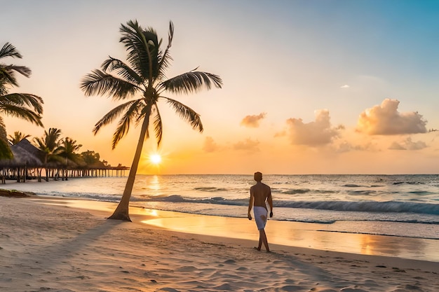man standing on the beach in front of a palm tree and sunset