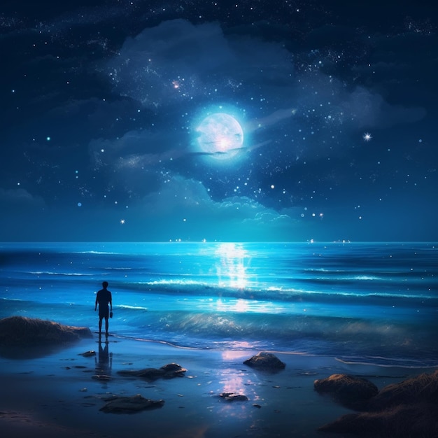 A man standing on the beach looking at the moon.