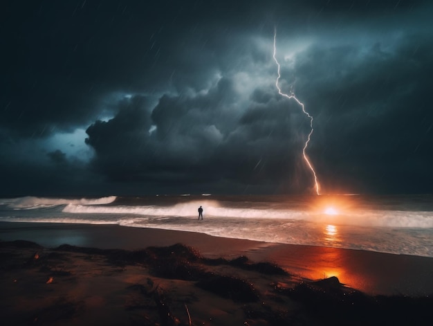 Photo a man standing on the beach with a lightning bolt coming out of the sky ai