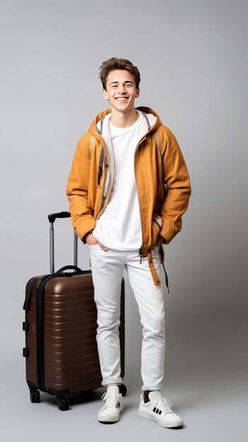 Man Standing Beside Brown Suitcase