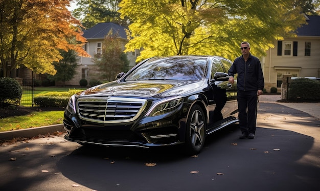 A man standing next to a black car