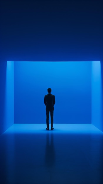 a man standing in a blue room with a light on