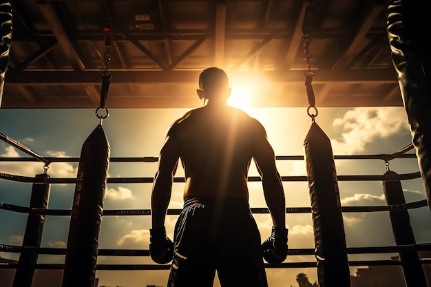 Foto un uomo in piedi in un ring di boxe