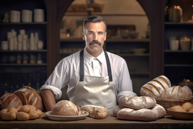 Человек, стоящий за столом, наполненным хлебом