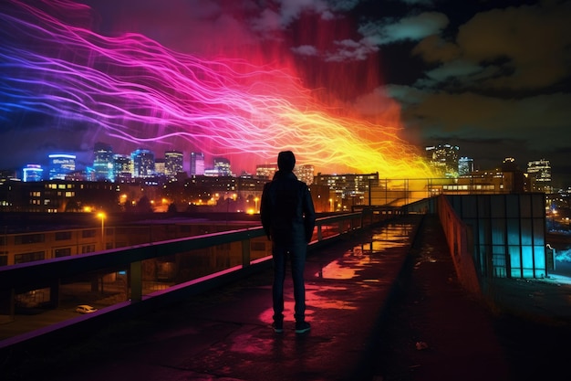 A man standing on a bridge looking at a colorful sky