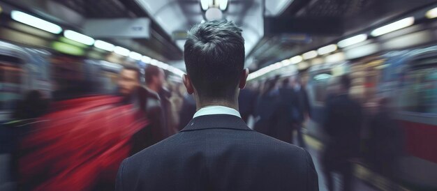 スーツ を 着 た 通勤 者 たち の 昧 な 動き に 囲まれ て  忙しい 地下鉄 駅 に 立っ て いる 男